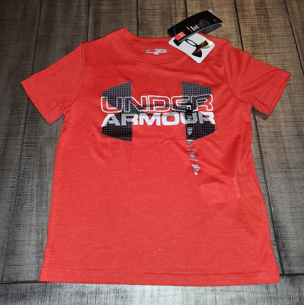 NWT Under Armour Boys' Red Short Sleeve Tee with Black & White Logo